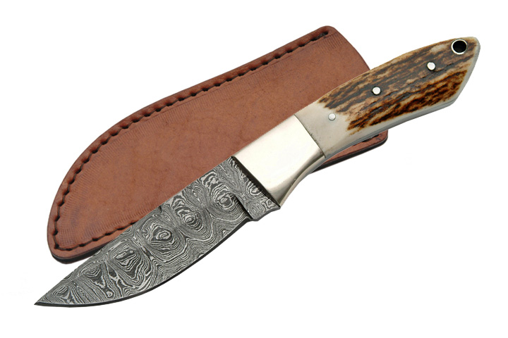 8in. Damascus Steel Blade, Stag Horn Handle Hunter Skinning Knife w/ Sheath