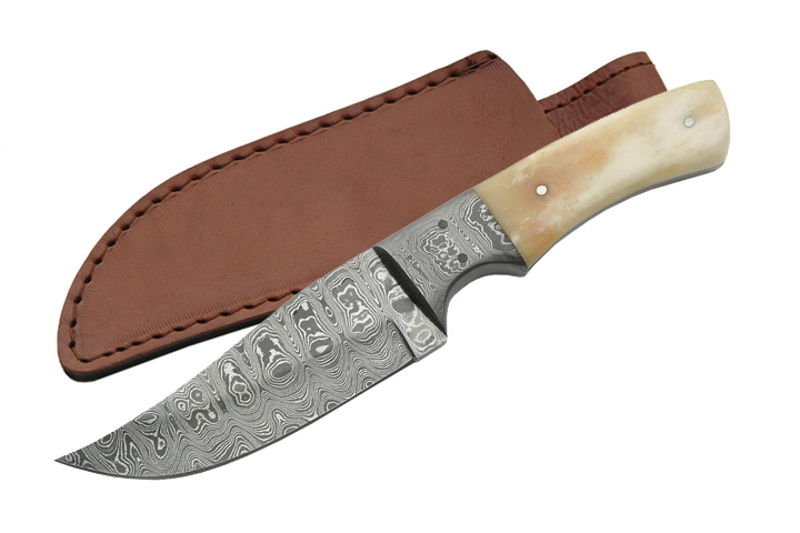 8.5in. Damascus Steel Bone Handle Full Tang Skinning Knife w/ Leather Sheath