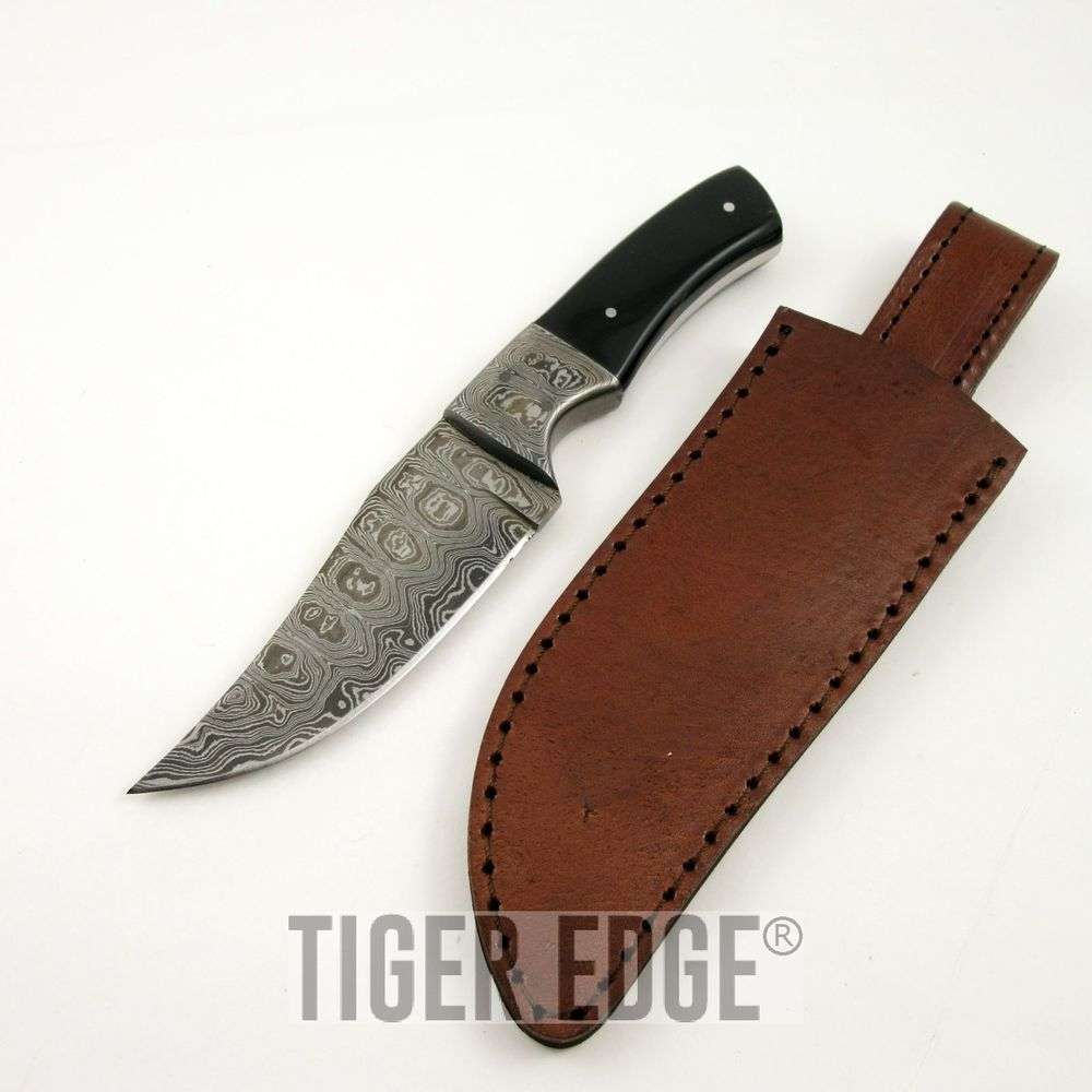 8.8 Long hand forged Twist pattern full tang Damascus steel Butcher Knife,  Ram horn scale with bolster, thick Cow hide leather sheath 