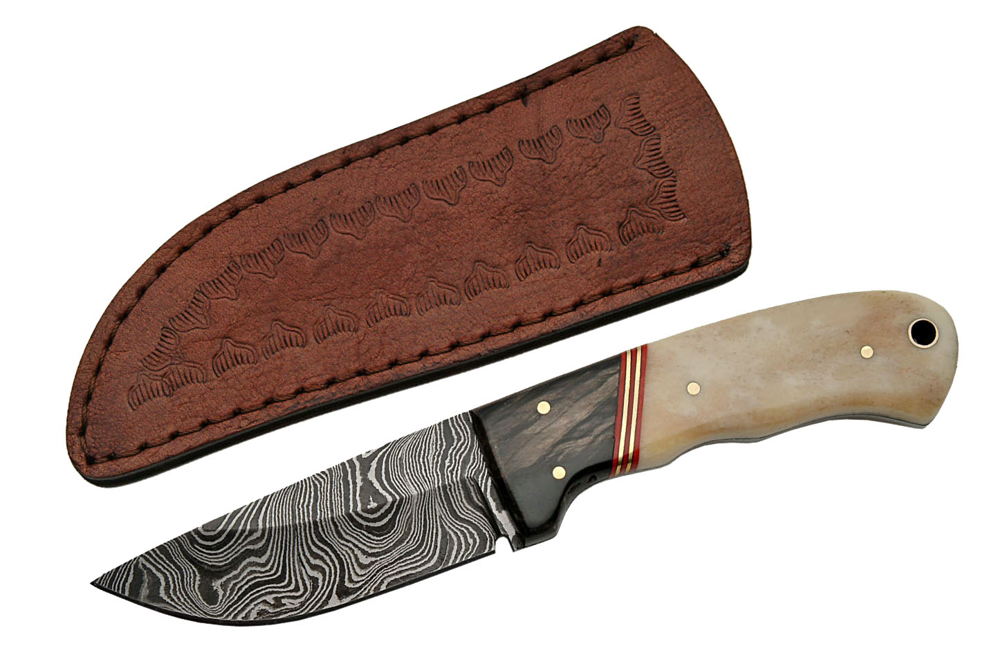 Hunting Knife Damascus Steel 3.5in. Blade Bone/Horn Handle Skinner + Sheath