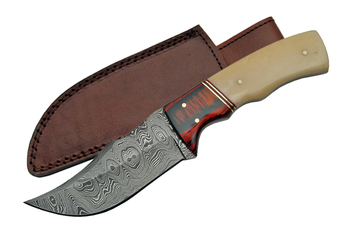 8in. Damascus Steel Hunting Skinning Knife w/ Bone And Cherrywood Handle