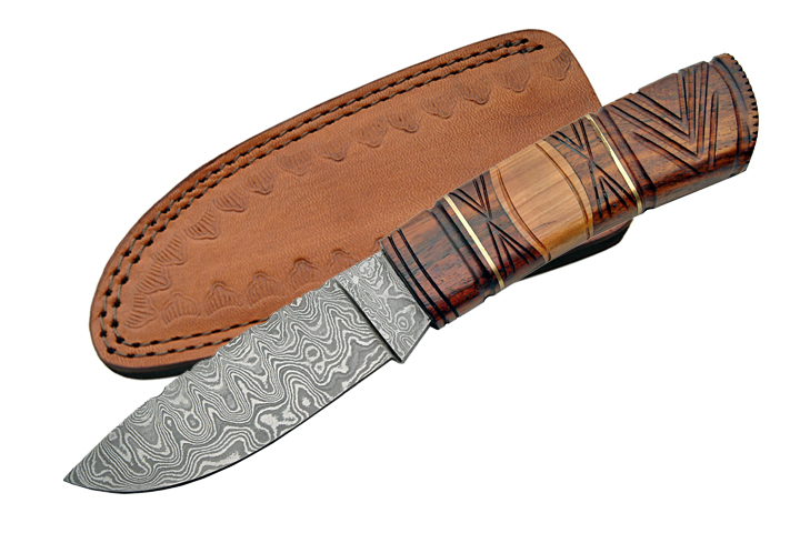 9in. Rose And Olive Wood Handle Damascus Steel Hunting Knife w/ Leather Sheath