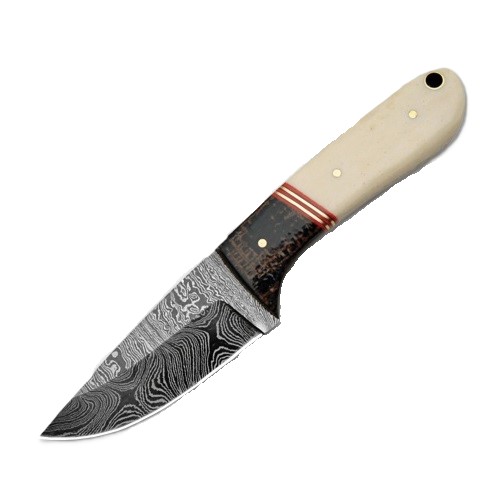7in. Damascus Steel Blade Hunting Knife w/ Bone/Micarta Handle & Sheath