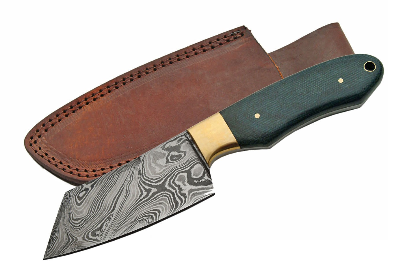 Damascus Steel Hunting Knife 8.5in. Overall Cleaver Blade + Leather Sheath