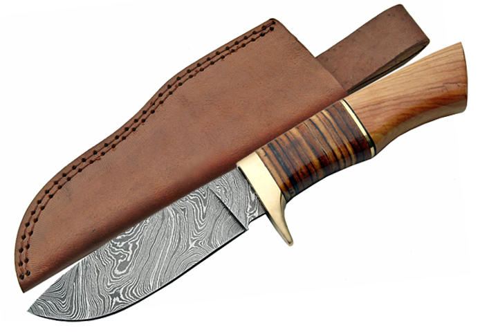 9.5in. Stacked Leather And Olive Wood Damascus Steel Hunting Knife w/ Sheath