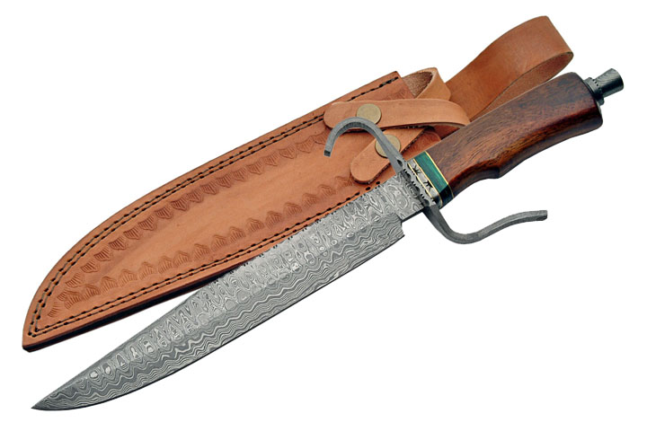 16in. 256 Layer Damascus Steel Rosewood Bowie Hunting Knife w/ Leather Sheath