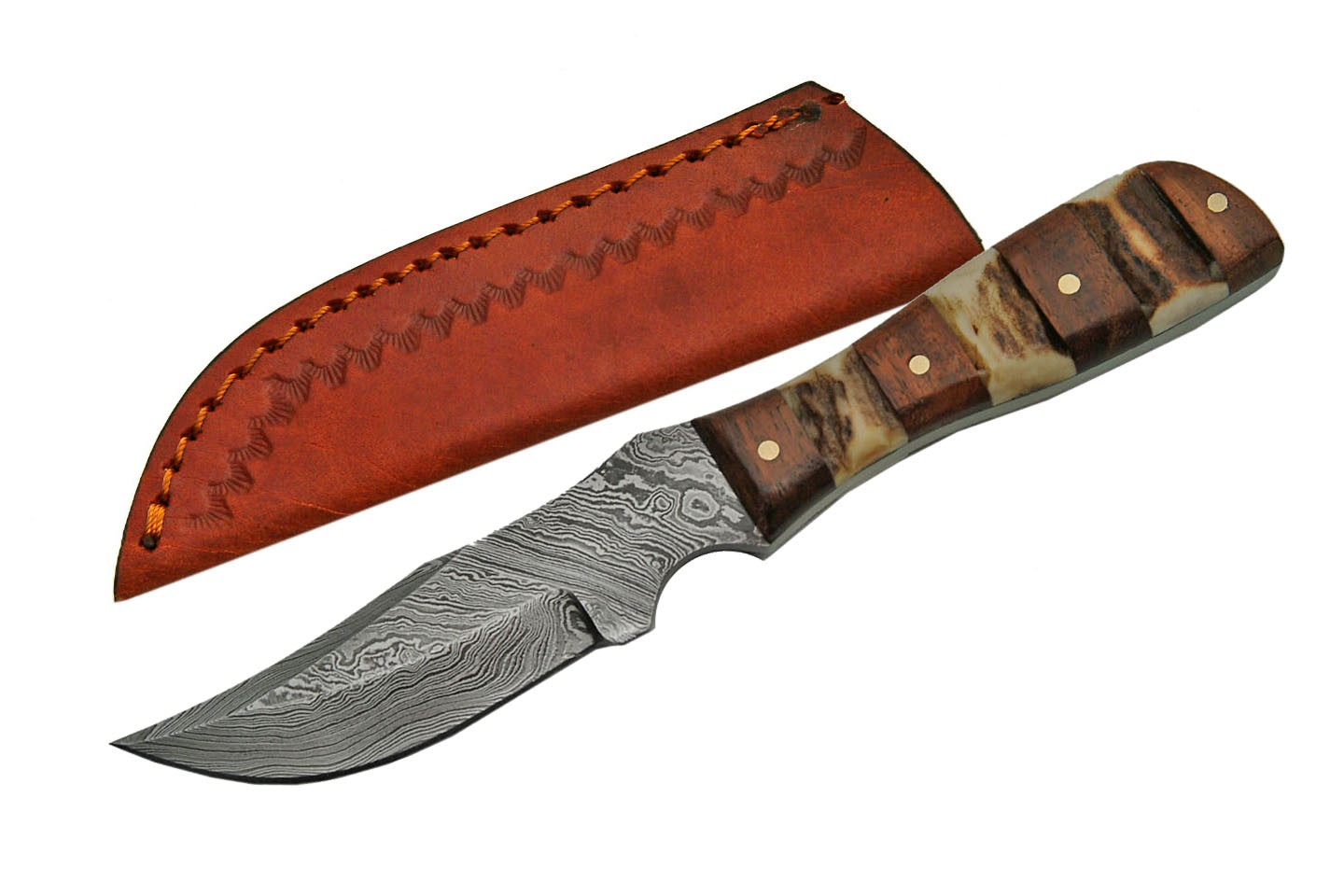 Fixed-Blade Hunting Knife 6.25in. Mini Damascus Steel Blade Wood + Stag Handle