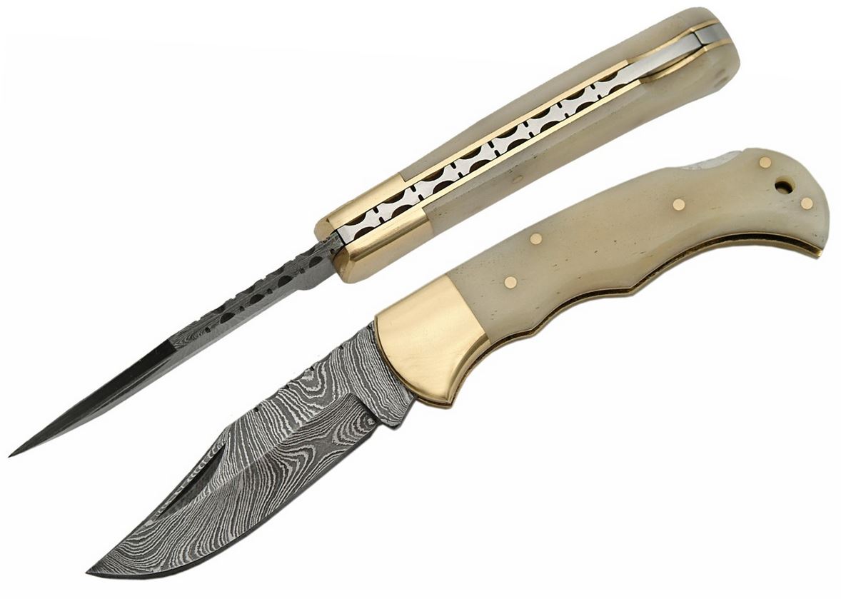 Folding Pocket Knife Damascus Steel Blade Filework Spine Bone Handle Lockback