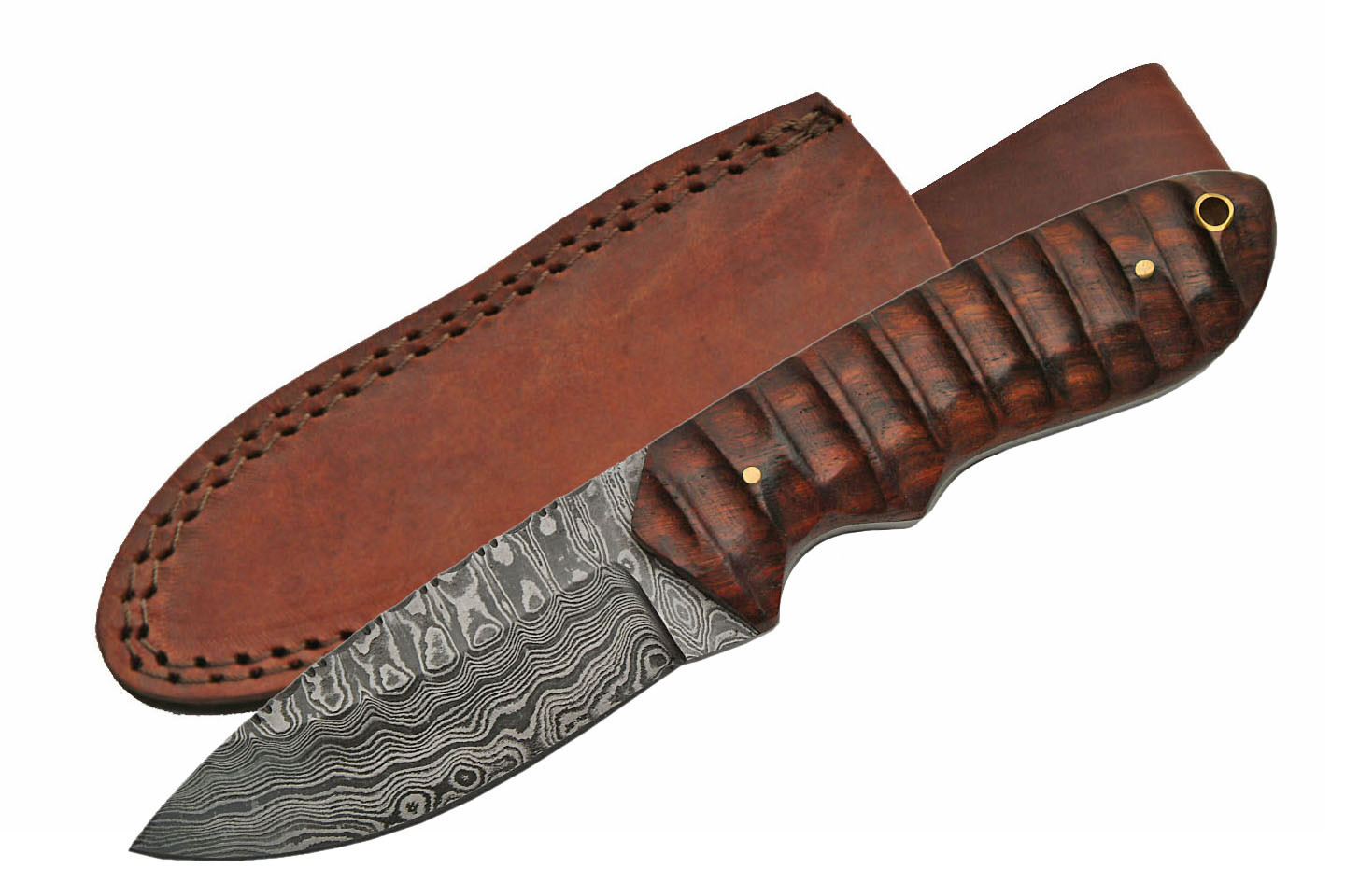 Fixed-Blade Hunting Knife 8.5in. Damascus Steel Blade Skinner Rose Wood Handle