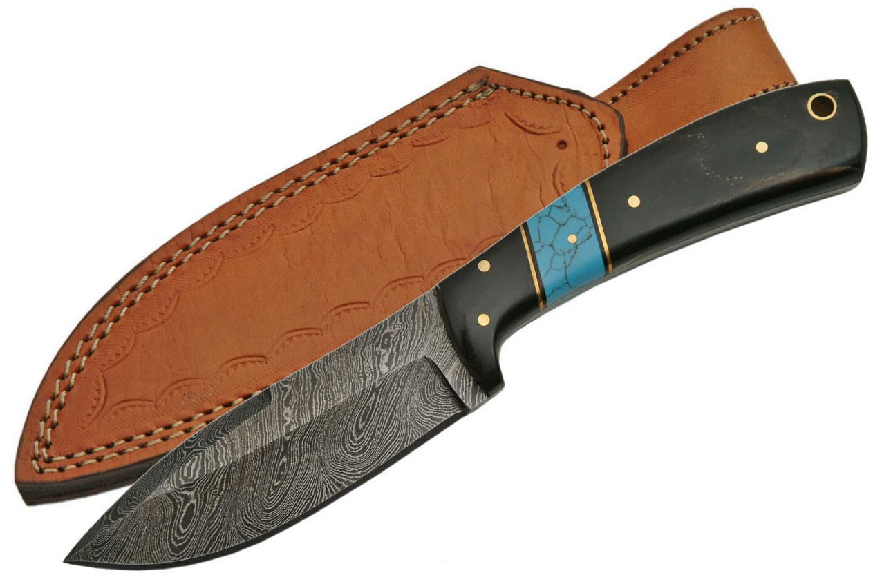 Fixed-Blade Hunting Knife 8in. Damascus Steel Blade Turquoise & Black Horn