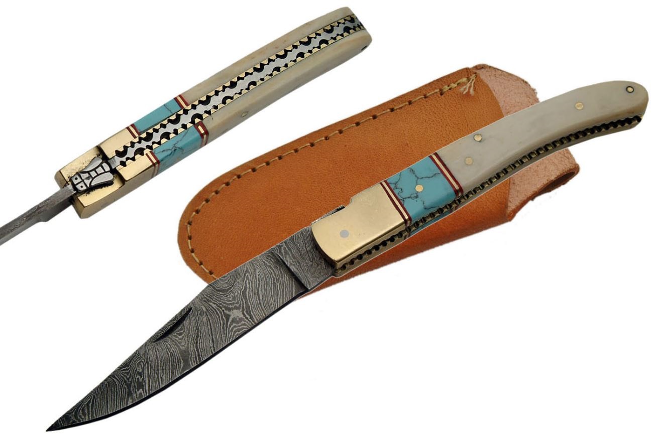 Folding Pocket Knife 4in. Damascus Steel Filework Blade Bone Turquoise + Sheath