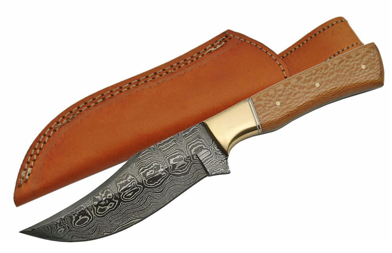 Fixed-Blade Hunting Knife 4.75in. Damascus Steel Blade Maplewood Handle + Sheath