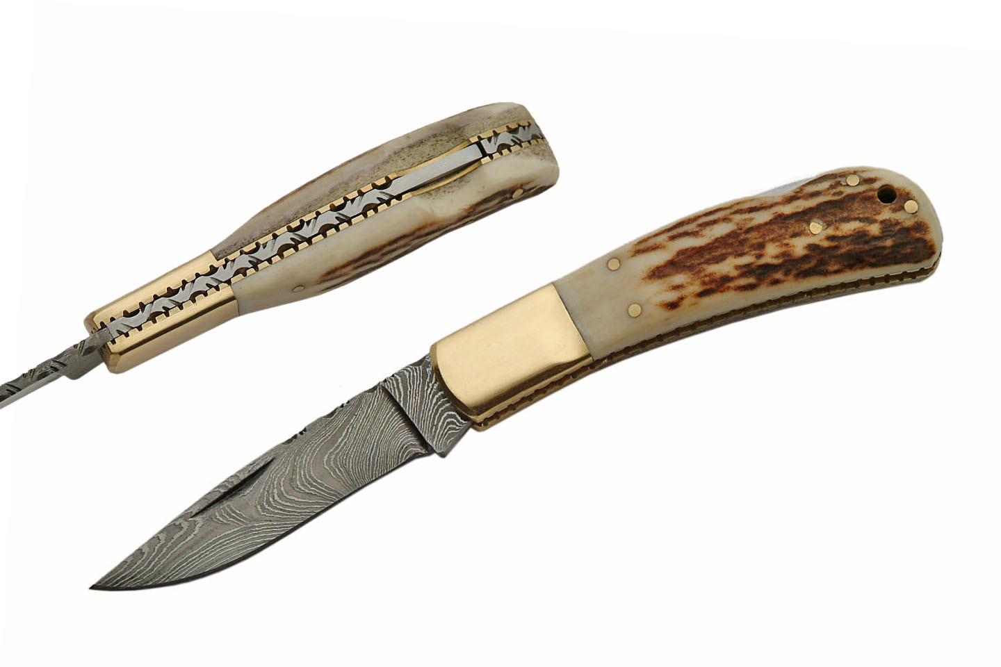 Damascus Steel Blade Folding Pocket Knife 4in. Stag Handle Classic Lockback