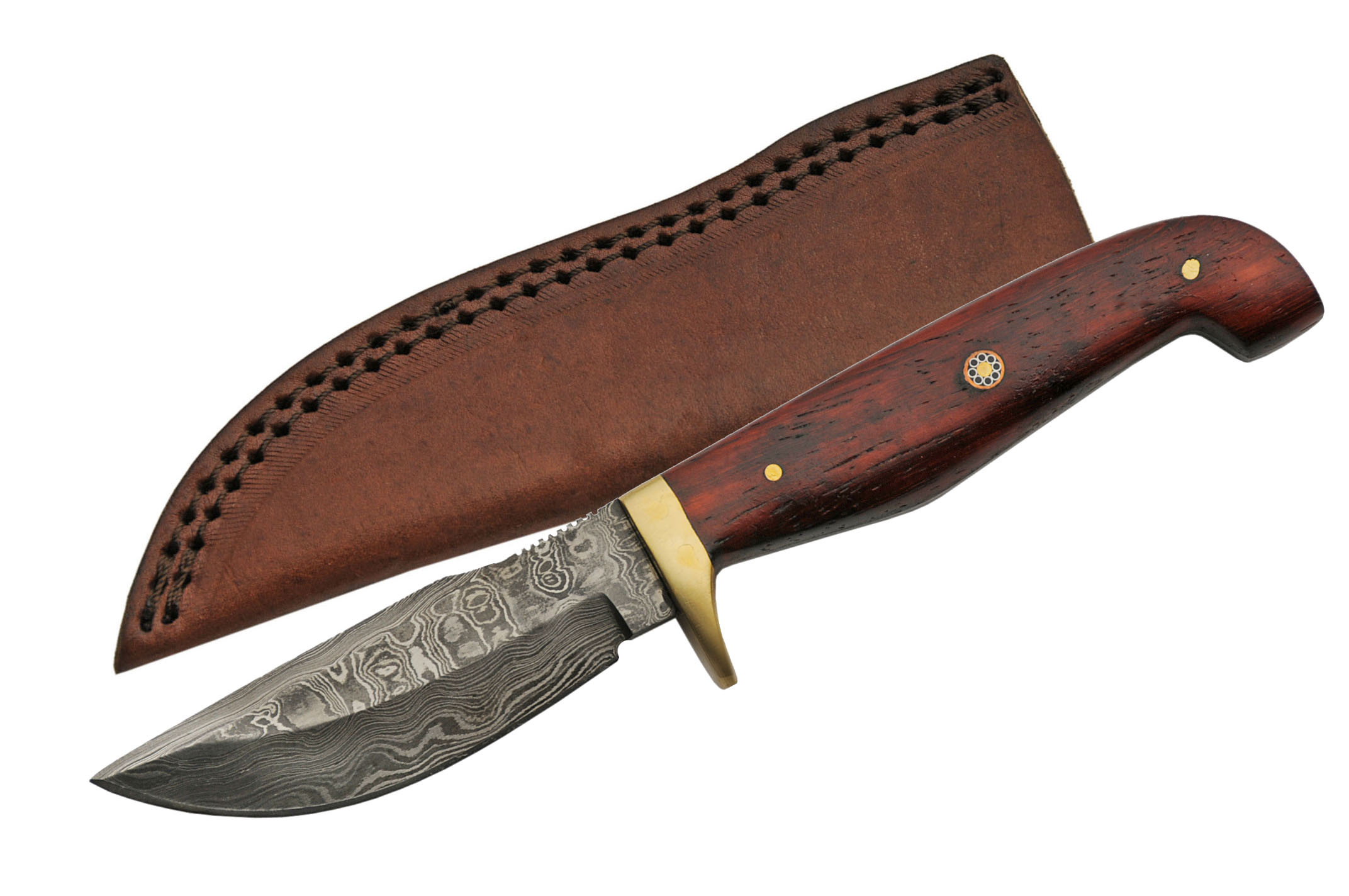 Damascus Steel Hunting Knife 8in. Overall Red Padauk Wood + Leather Sheath