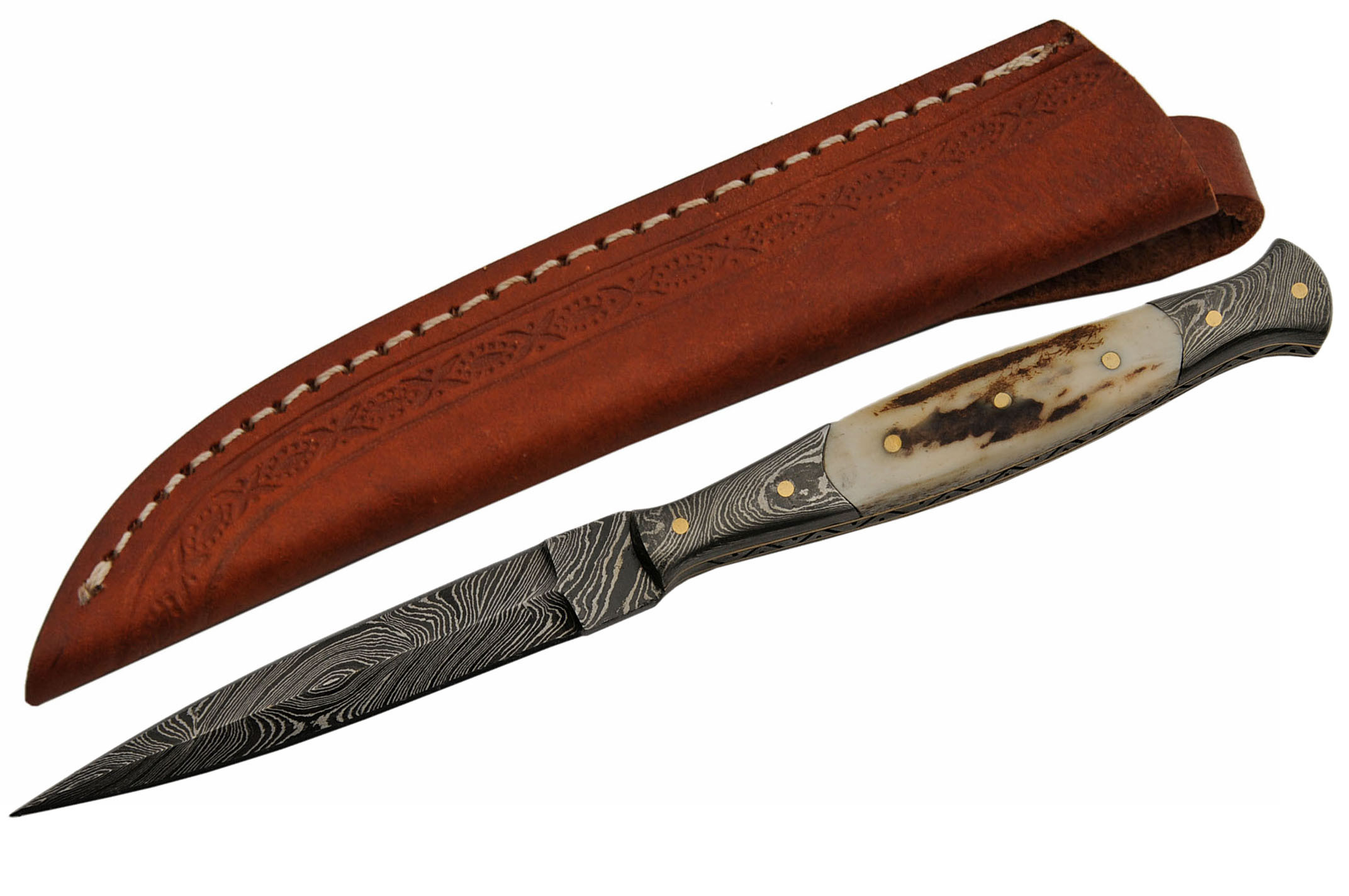 Slim Tactical Dagger Damascus Steel Blade Double Edge Stag Handle + Sheath
