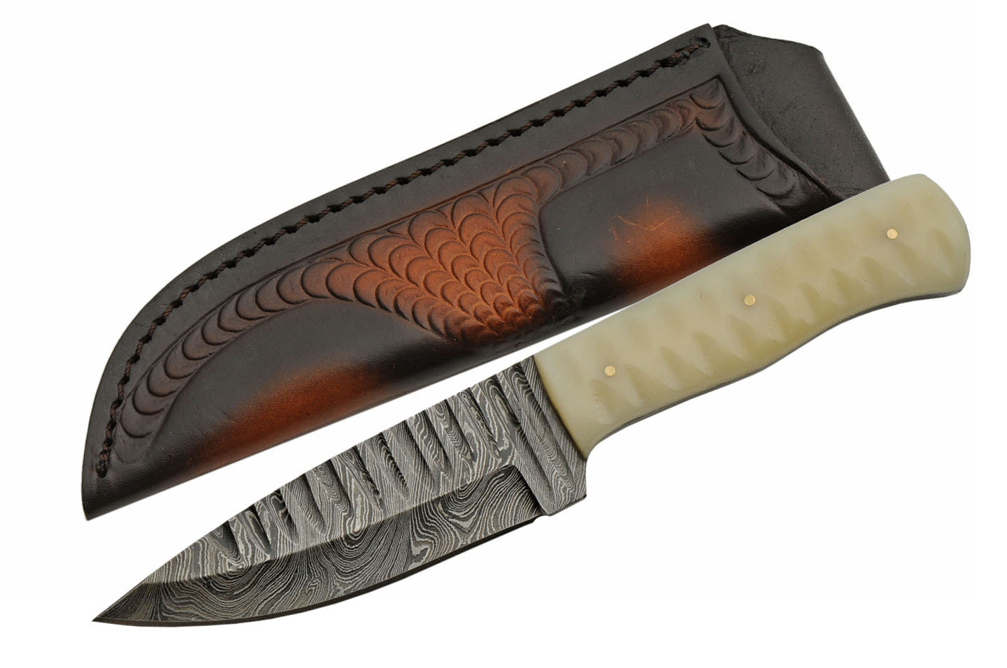 Damascus Steel Hunting Knife 5in. Blade Full Tang Bone Handle + Leather Sheath