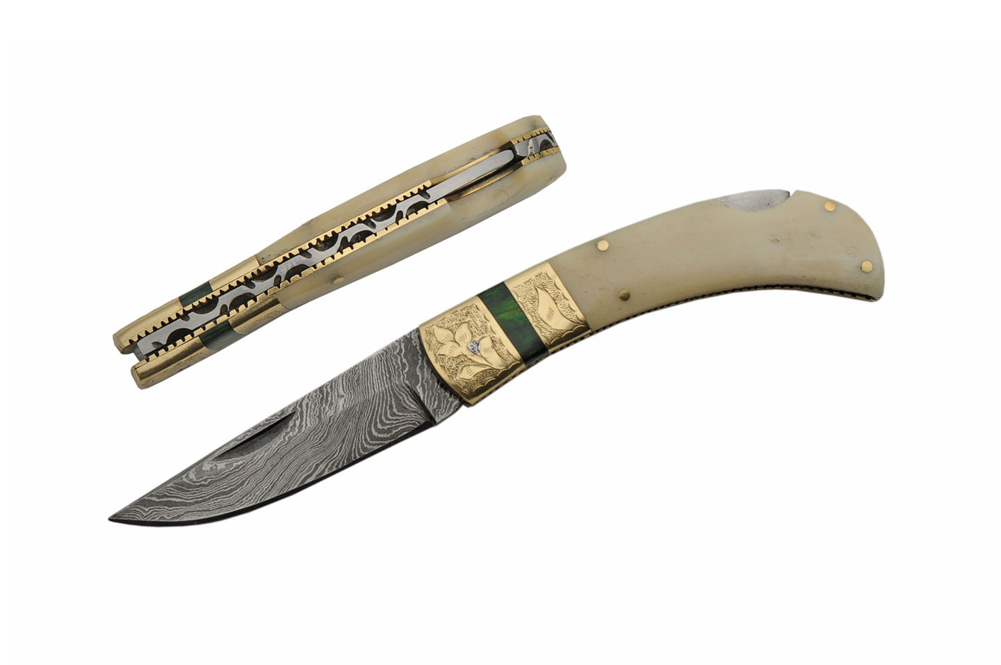 Folding Pocket Knife 6.75in. Overall Damascus Steel Blade Bone Handle Lockback