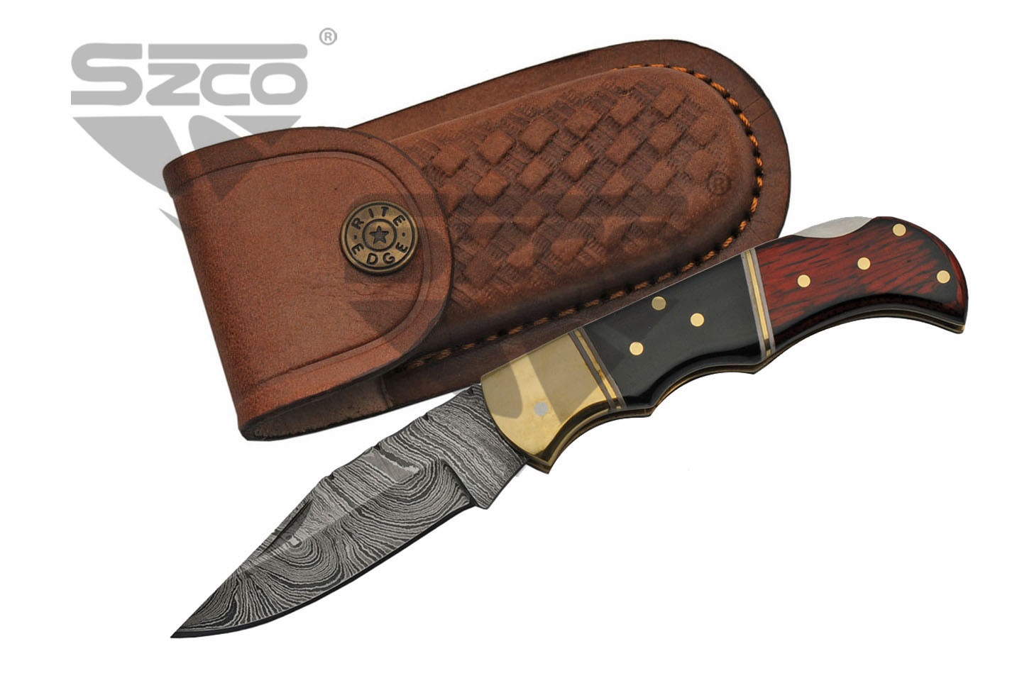Pocket Folding Knife Damascus 6.75in. Overall Lockback Horn Black Red w/ Sheath