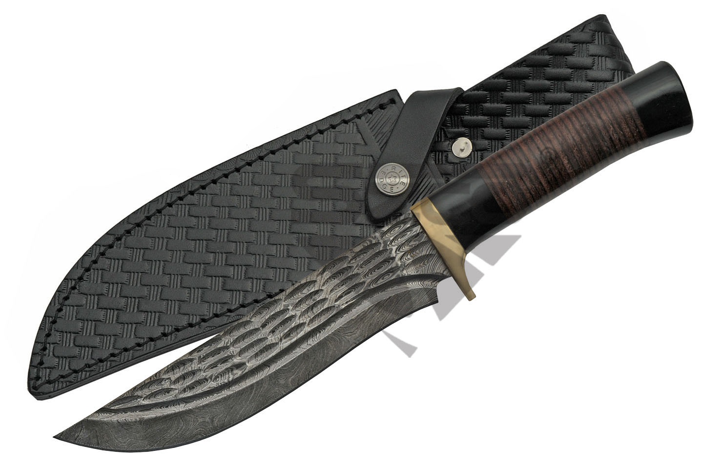 Bowie Knife 12in. Overall Damascus Steel Blade Horn/Leather Handle + Sheath