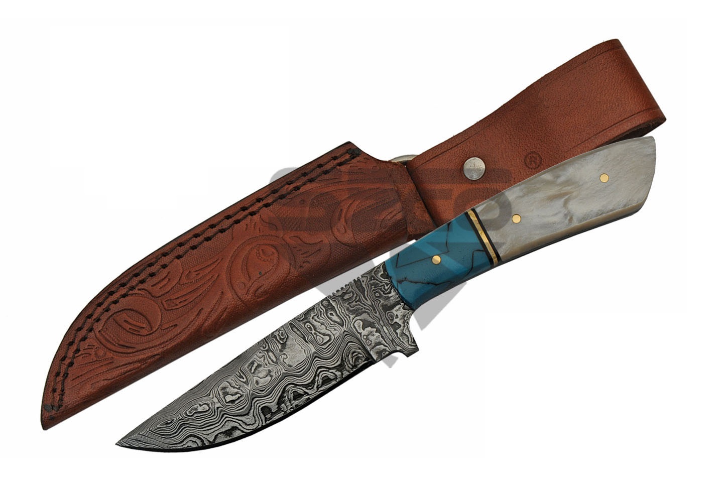 Damascus Steel Hunting Knife | Ladder Pattern Pearl & Turquoise-Color Dm-1230