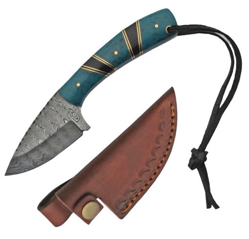 Hunting Knife Damascus Steel Blade Turquoise Handle + Leather Sheath