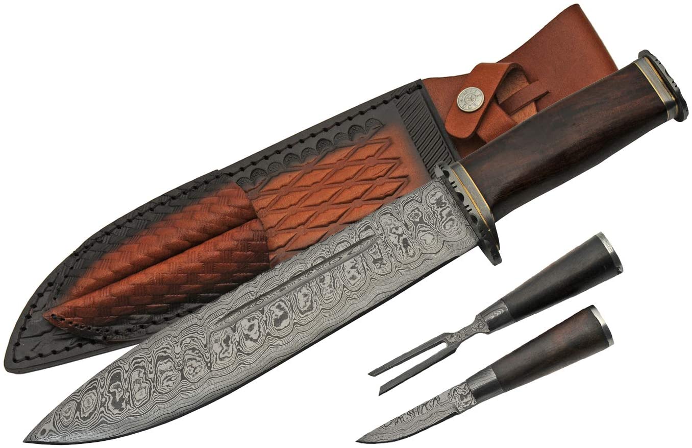 Bowie Knife Set | Damascus Steel Blade Wild West Cowboy Mess Kit Leather Sheath