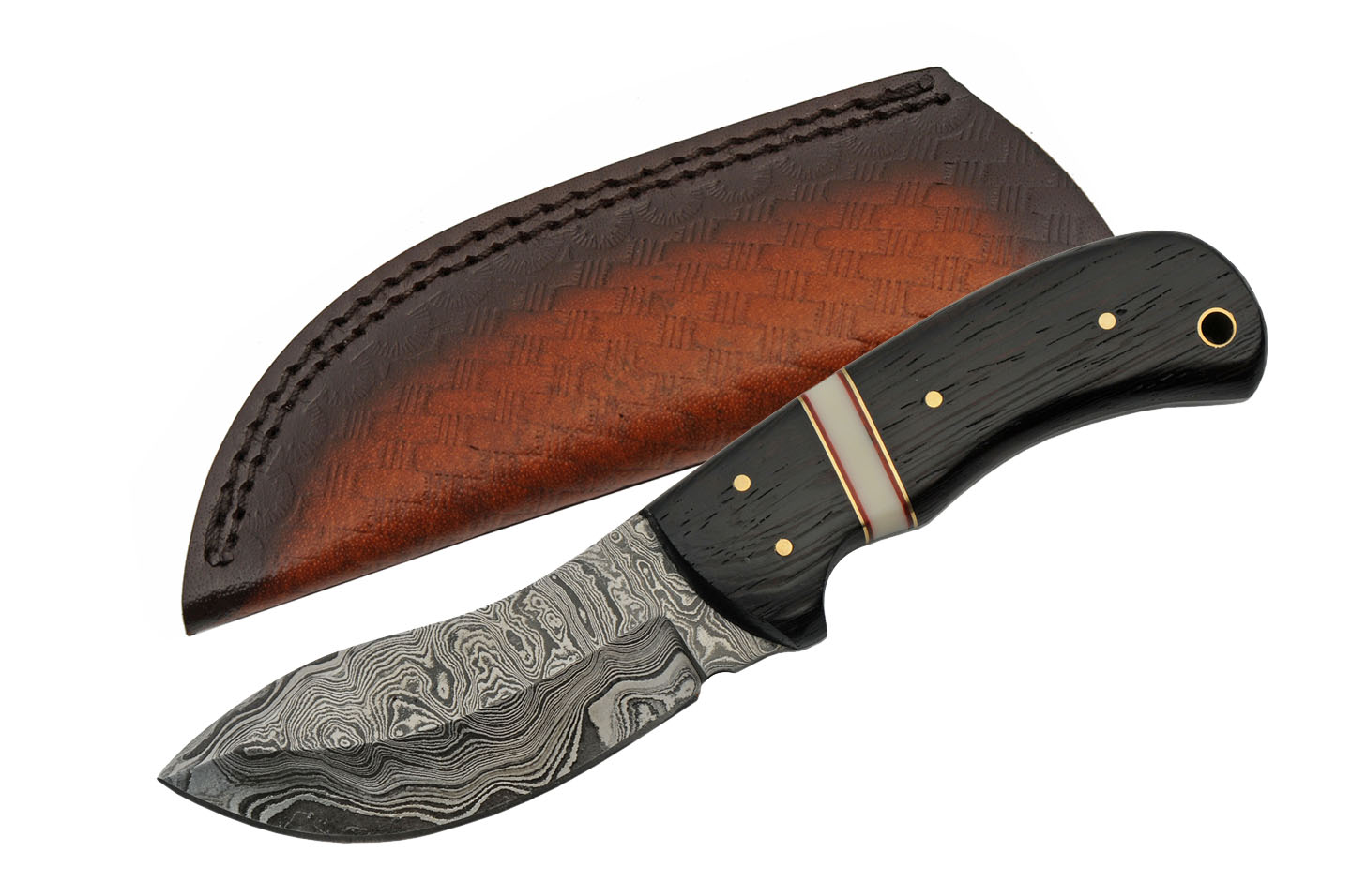 Hunting Knife Damascus Steel Upswept Blade Black Wood Full Tang Skinner + Sheath