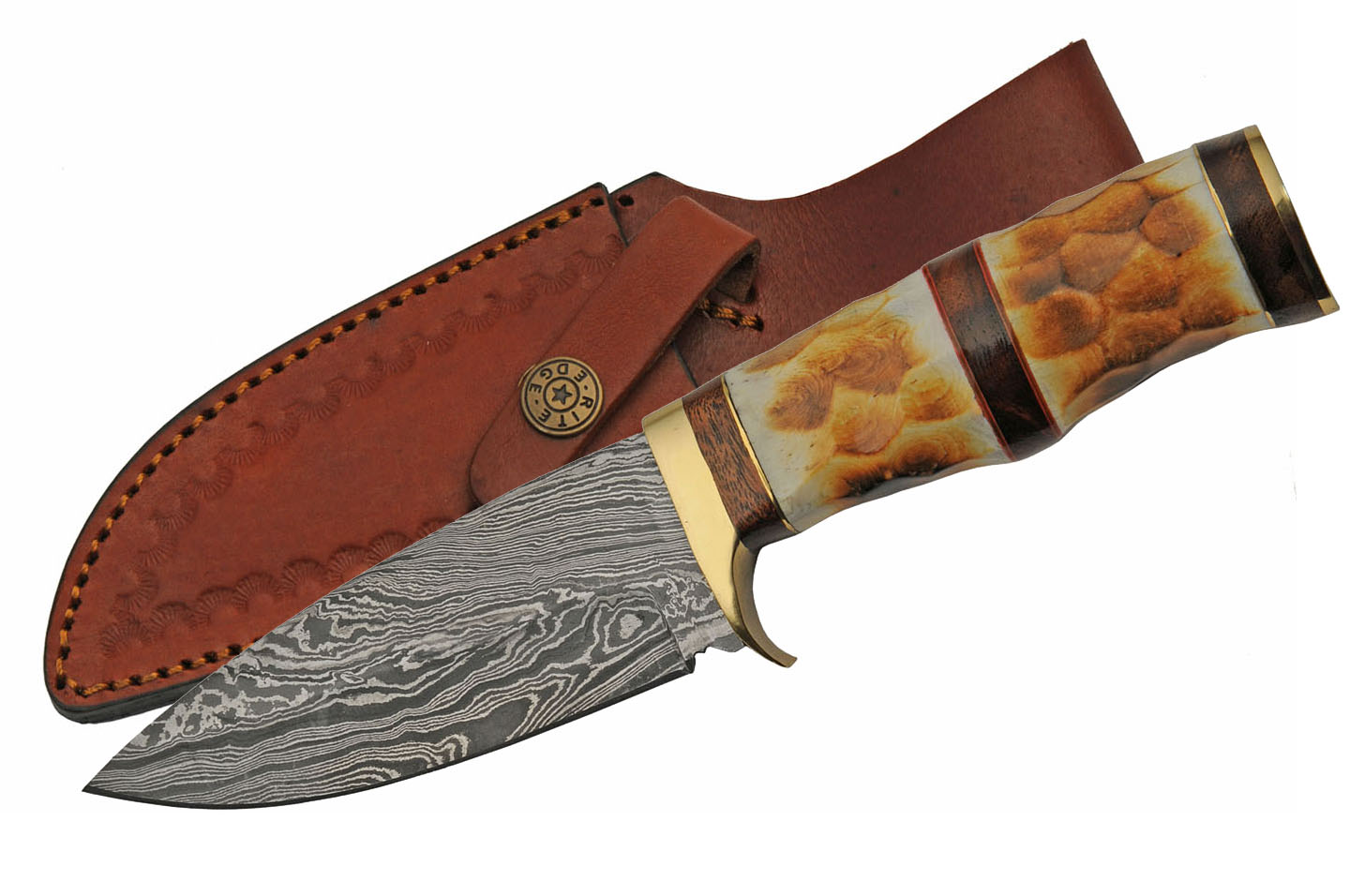 Hunting Knife 4.5in. Damascus Steel Blade Burnt Bone Handle + Leather Sheath
