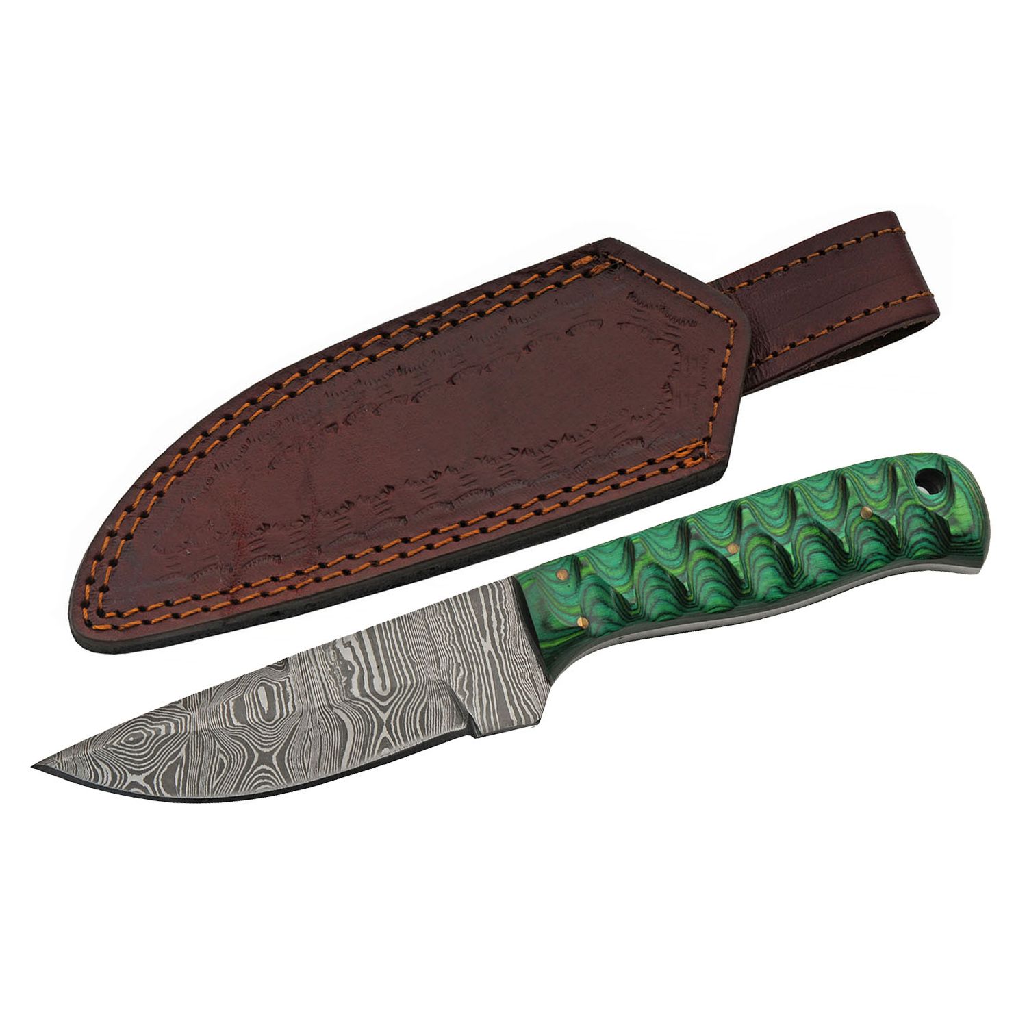 Hunting Knife | 4in. Damascus Steel Blade Green Wood Handle + Leather Sheath