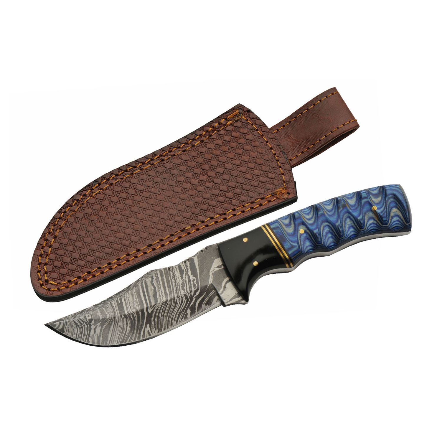 Hunting Knife 4in. Damascus Steel Blade Black/Blue Wood Handle + Leather Sheath
