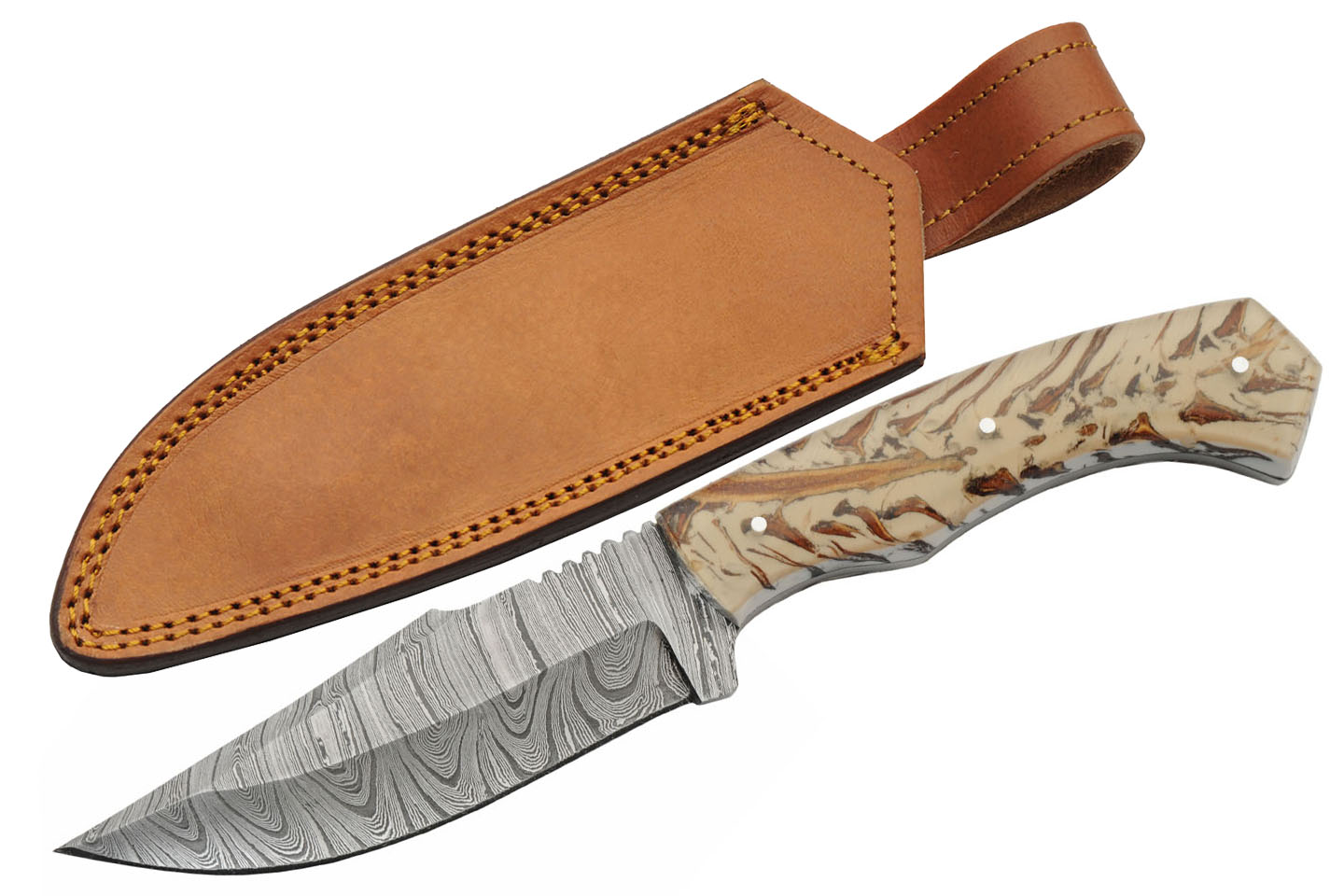 Hunting Knife | Damascus Steel Drop Point Blade Acrylic Handle + Leather Sheath