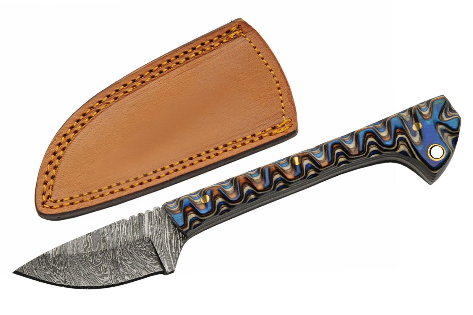 Hunting Knife Rite Edge Damascus Steel Short 2.6In Blade Wood Handle Full Tang