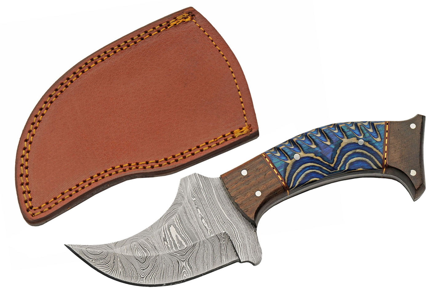 Hunting Knife | Damascus Steel Blade Full Tang Brown Blue Wood Handle + Sheath