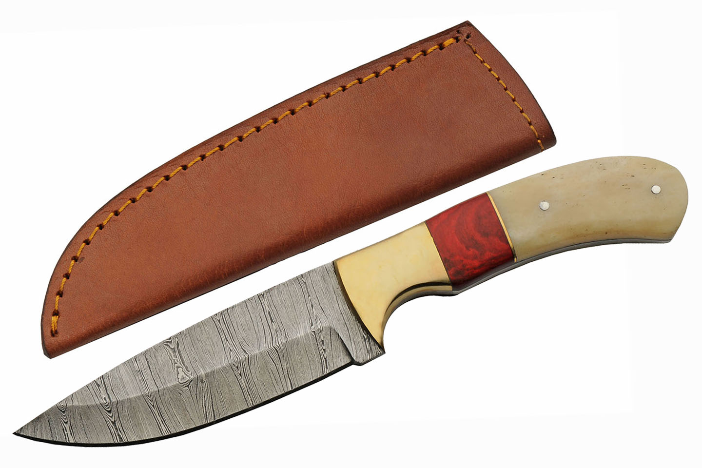 Hunting Knife Damascus Steel Blade Bone Brass Red Wood Handle Skinner + Sheath