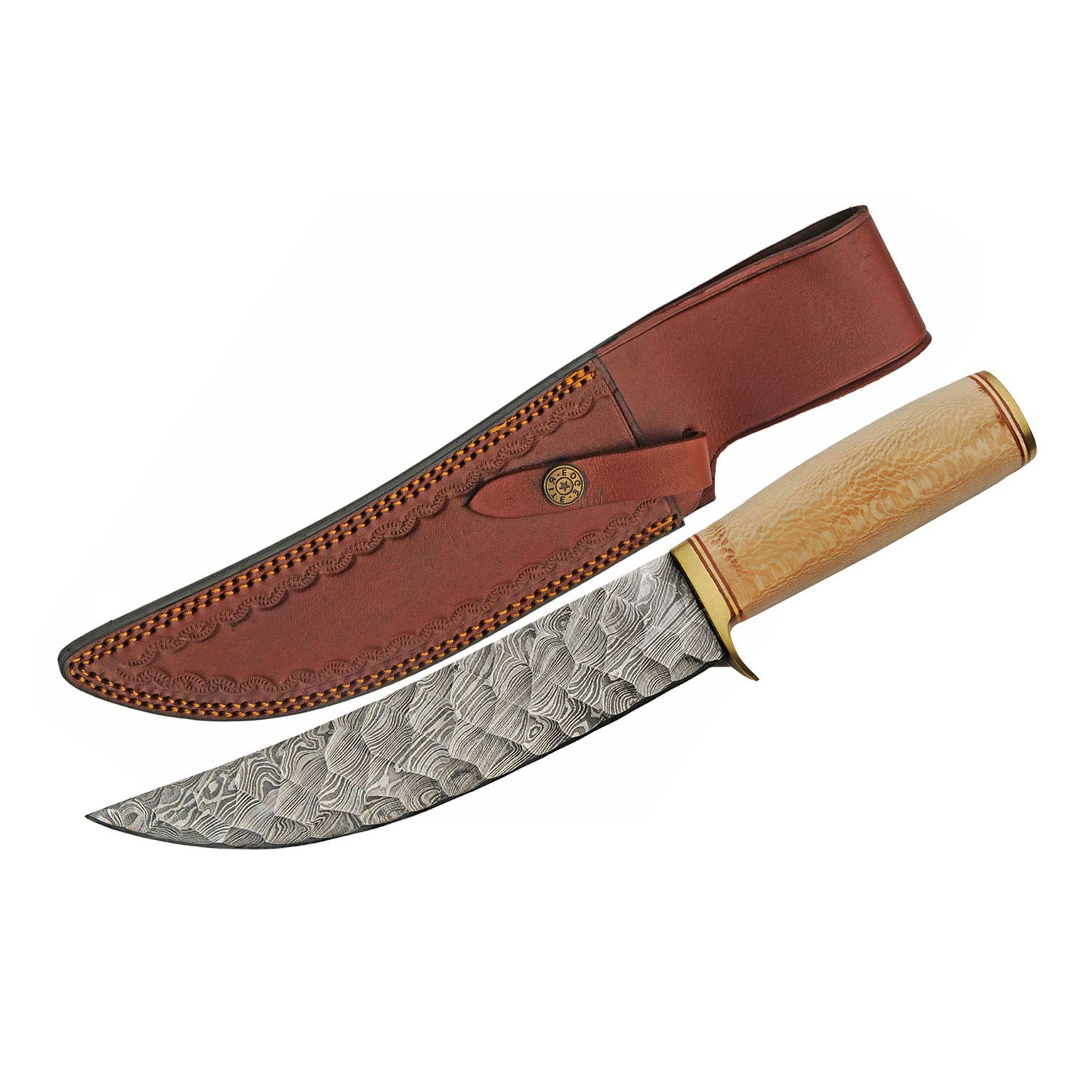 Hunting Knife 7.75in. Damascus Steel Upswept Blade Wood Handle Skinner + Sheath