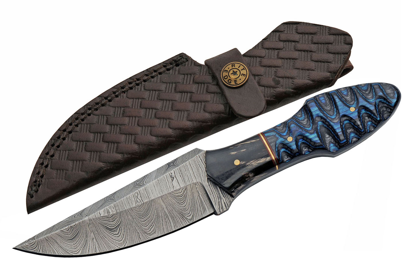 Hunting Knife 4in. Damascus Steel Blade Black Horn Blue Wood Handle + Sheath