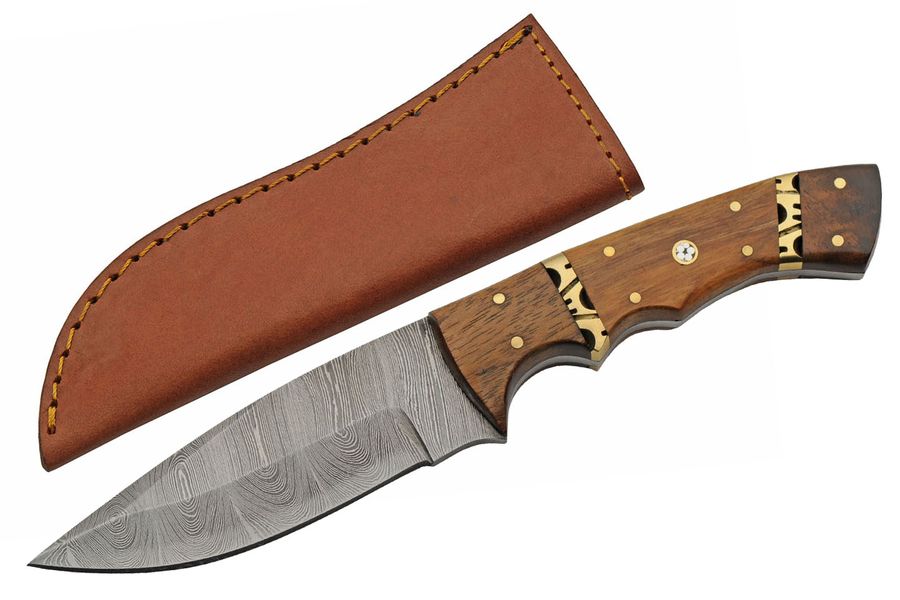 Hunting Knife Stainless Blade Wood/Brass Mosaic Handle 9In Overall + Sheath