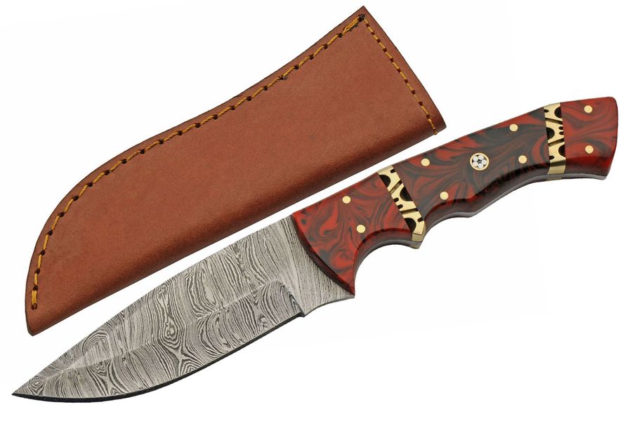 Hunting Knife Stainless Blade Red/Brass Mosaic Handle 9In Overall + Sheath