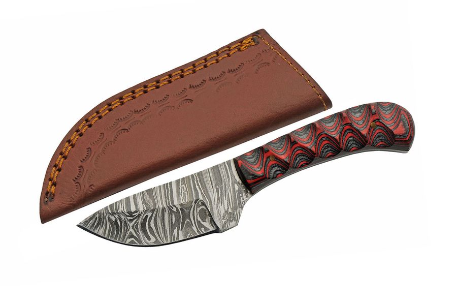 Hunting Knife | Scout Small Damascus Steel Blade Full Tang Red + Leather Sheath