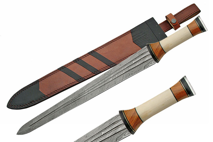 24in. Damascus Steel Viking Sword Bone, Horn, And Wood Handle w/ Sheath