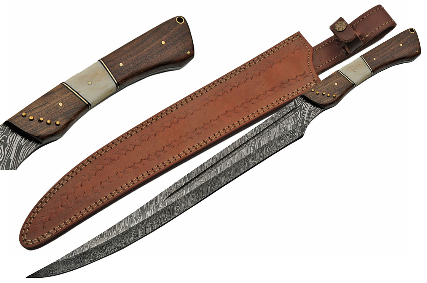 Short Sword 15in. Damascus Steel Blade Full Tang Bone/Walnut Handle + Sheath