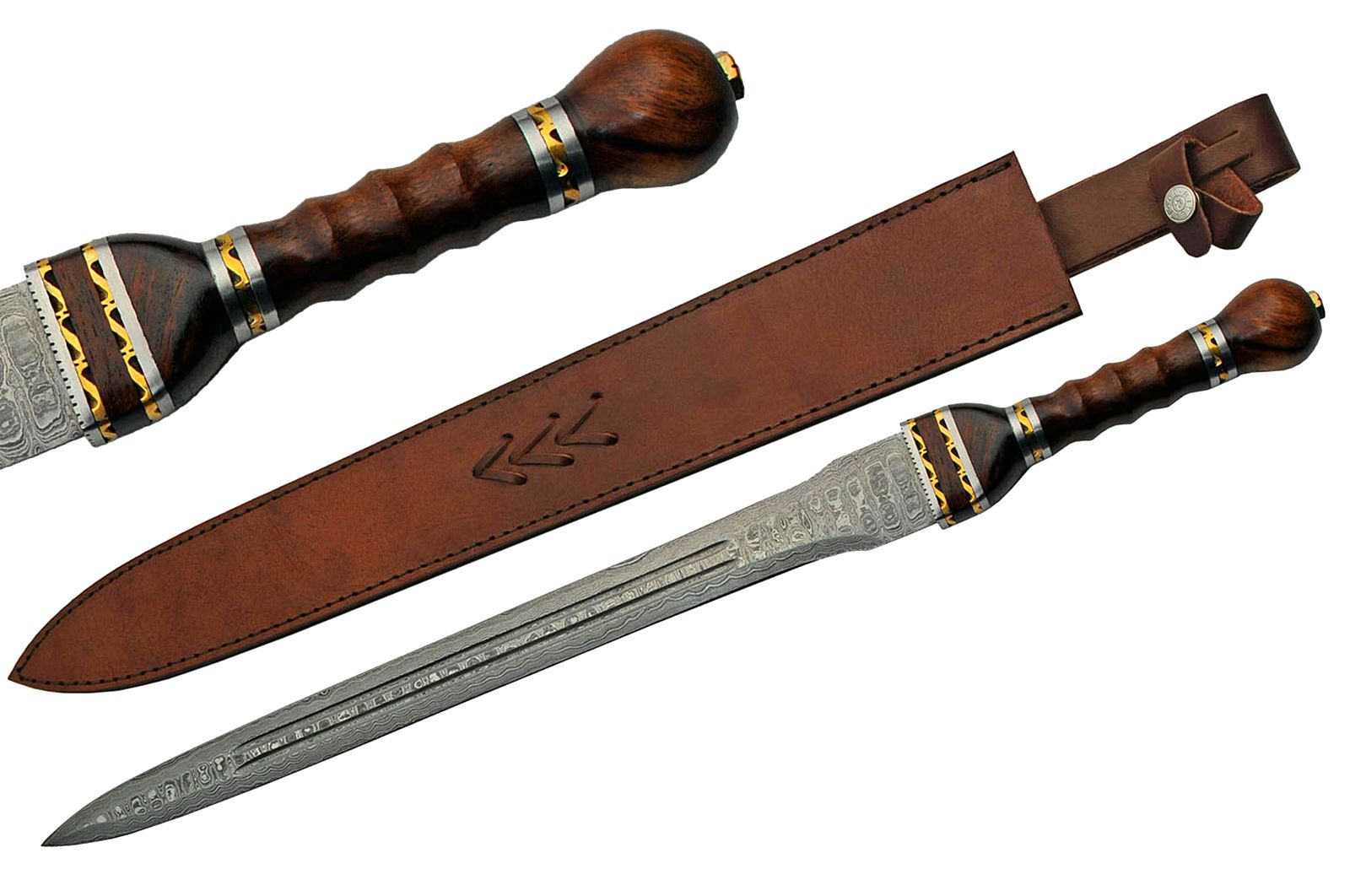 Short Sword Damascus Steel Blade Roman Gladius Legionnaire + Leather Sheath
