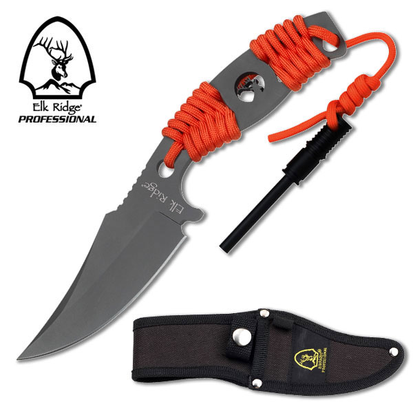 Elk Ridge Pro 8in. Titanium Gray Hunter Survival Knife w/ Fi