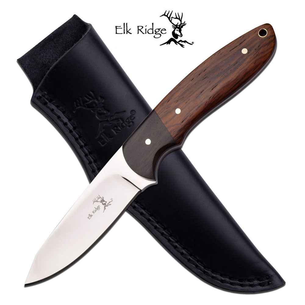 Fixed-Blade Hunting Knife Elk Ridge 8in. Brown Black Wood Skinner Blade Mirror
