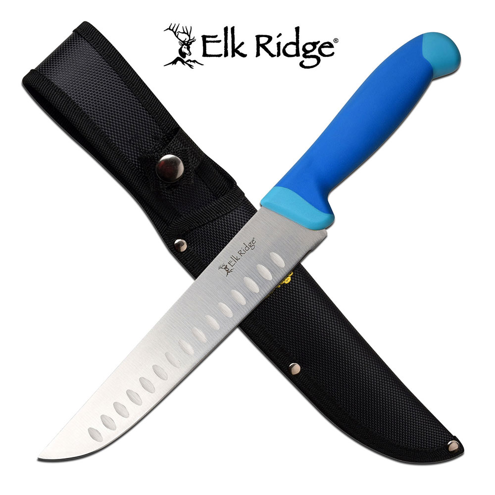 Fillet Knife Elk Ridge 7.75in. Hollow Ground Blade Blue Rubber Handle + Sheath