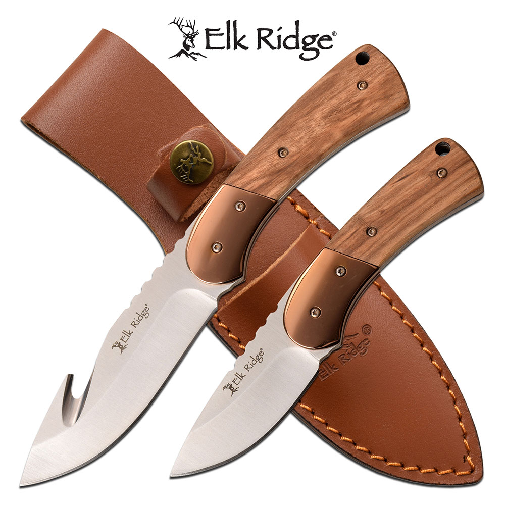 Hunting Knife Set | Elk Ridge 2 Pc. Full Tang Brown Wood Handle Gut Hook Skinner