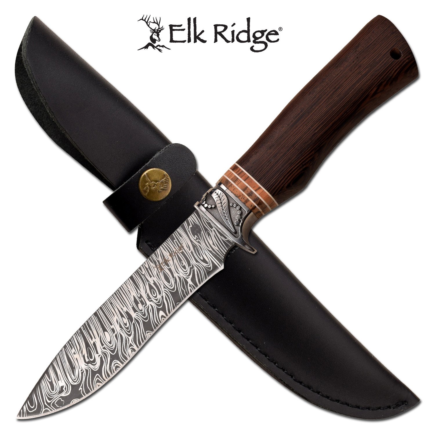 Hunting Knife Elk Ridge 5.75in. Etched Blade Rose Wood Handle Skinner + Sheath