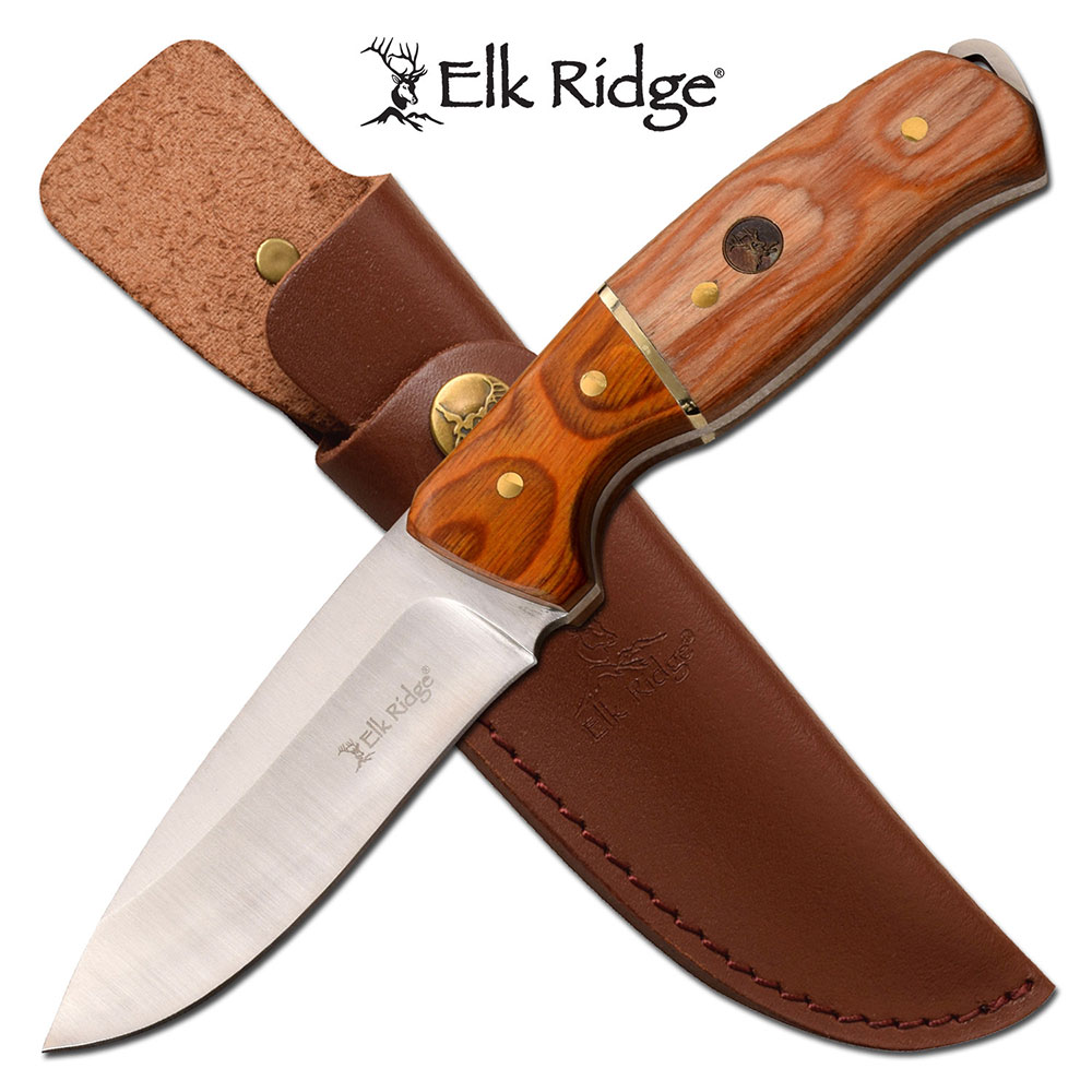Hunting Knife Elk Ridge Drop Point Blade Wood Handle Full Tang + Leather Sheath