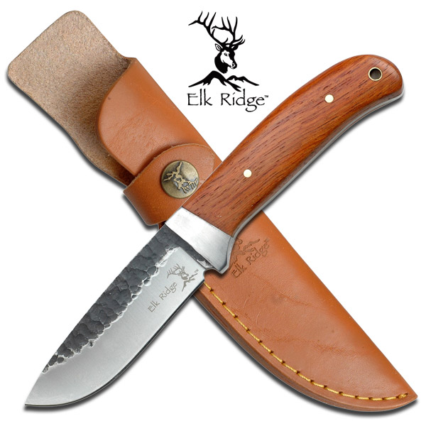 8in. Full Tang Elk Ridge Wood Handle Hunting Skinning Knife w/ Leather Sheath