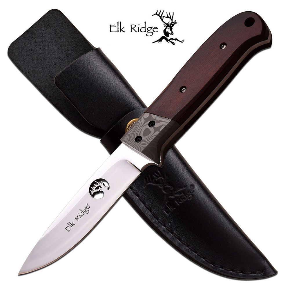Fixed-Blade Hunting Knife Elk Ridge 8in Dark Wood Skinner Blade + Leather Sheath
